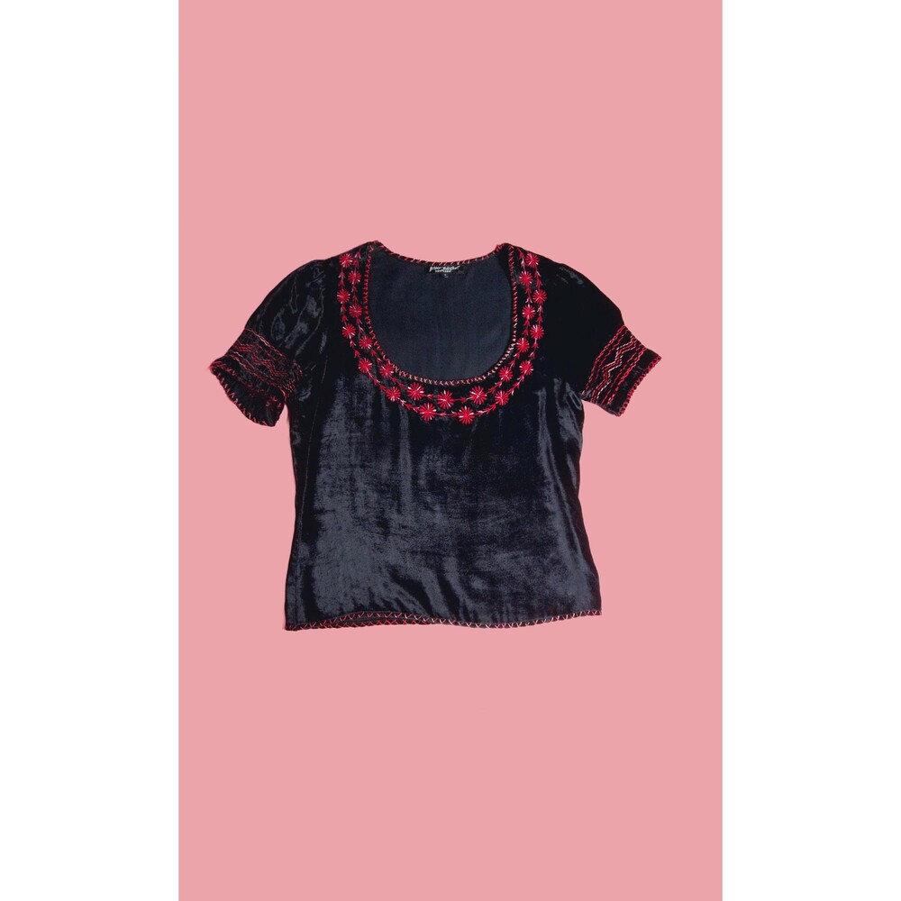 Y2K Vintage BETSEY JOHNSON NEW YORK Velvet Blouse W/Floral Embroidery. S. AS IS